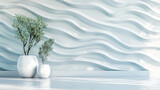 Modern Minimalist Interior with White Wave Wall Texture and Elegant Vases with Decorative Trees. Generative AI