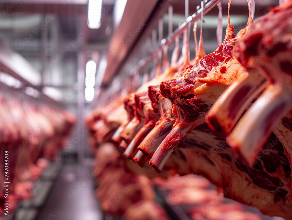 Hanging Raw Meat in Processing Facility Hanging Raw Meat in Processing Facility