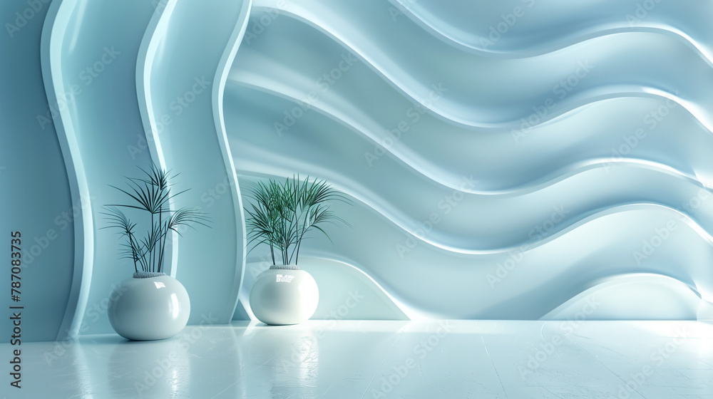View of Modern Minimalist Interior with White Wave Wall Texture and Elegant ...