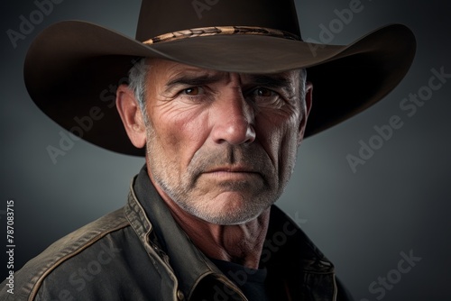 Portrait of a blissful man in his 60s wearing a rugged cowboy hat on soft gray background