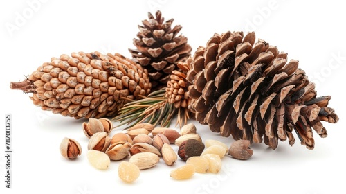 Siberian pine nuts and cedar cones with nuts on a white background