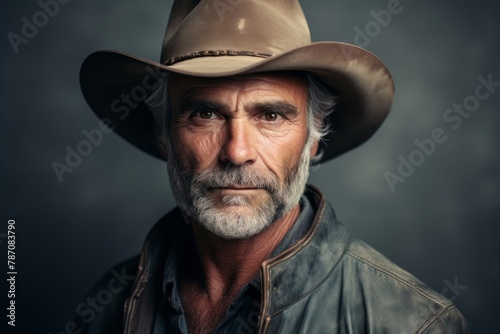Portrait of a blissful man in his 60s wearing a rugged cowboy hat isolated in soft gray background