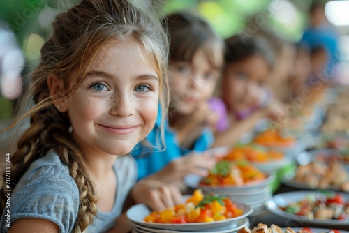 Bright-eyed girl enjoying a healthy meal with her classmates in the background photo