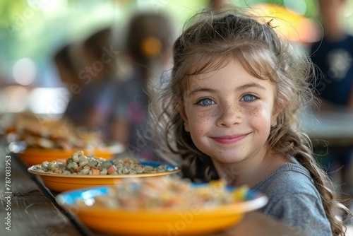 Young girl with captivating eyes and a concentrated look at lunch table photo