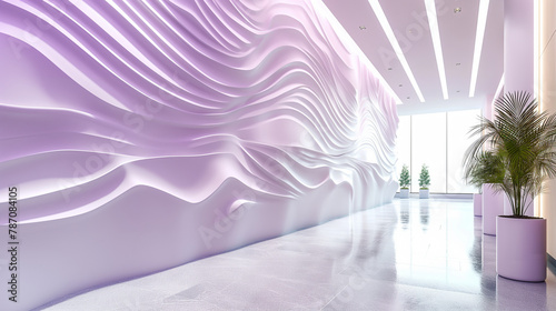 Futuristic empty corridor or halway interior with elegant curvilinear purple walls and ambient lighting.  Sweeping curvilinear walls bathed in a gradient of purple hues.  Modern minimal design. Genera photo