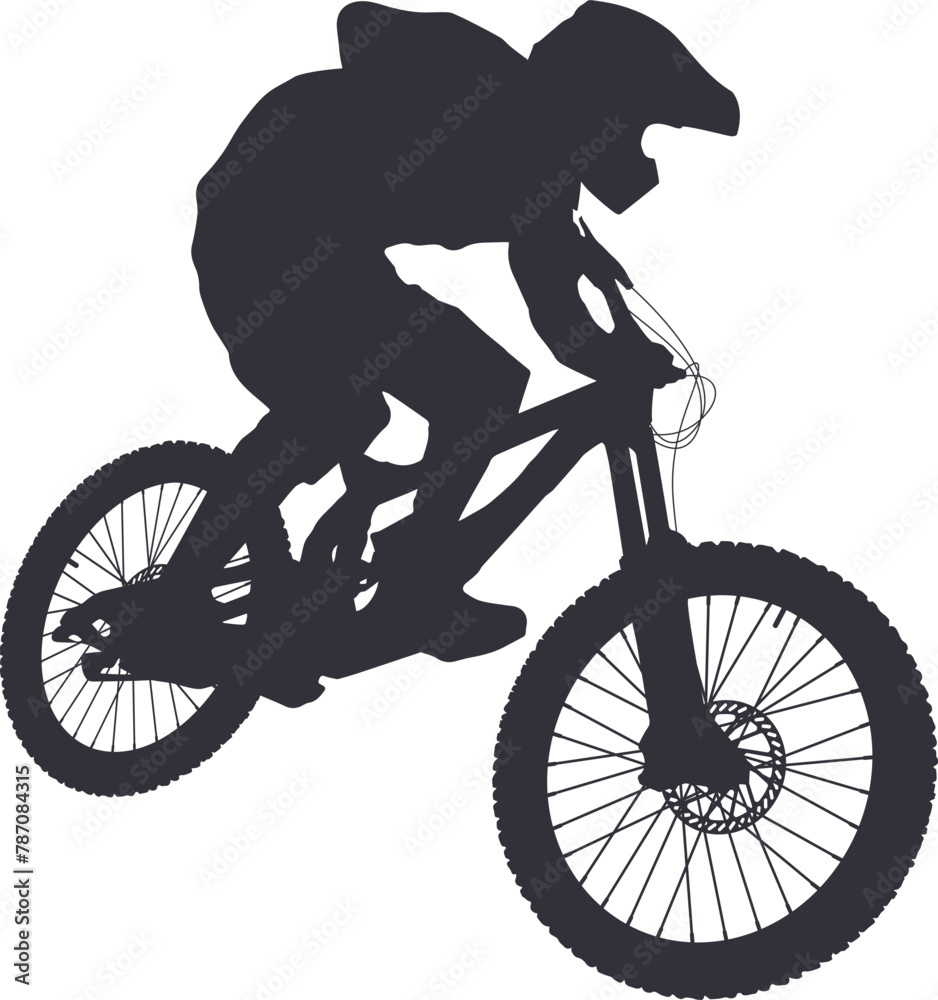 Naklejka premium Extreme. Downhill cyclist flies on a bicycle from a mountainside. Freeride. Isolate silhouette. White background.