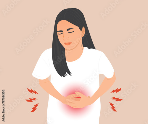 Young woman with long hair suffers from abdominal pain due to gastritis or menstrual cramps. Vector illustration.