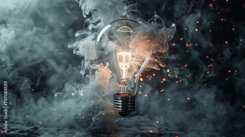 A light bulb is lit up in a cloud of smoke. The smoke is thick and hazy, giving the impression of a foggy or smoky atmosphere. The light bulb is the only source of illumination in the scene photo