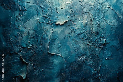 Intricately detailed texture of distressed, peeling paint in hues of blue, emphasizing the passage of time photo