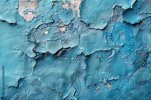 This image captures the detailed texture of a cracked blue painted surface, showcasing the peeling layers and the wear over time