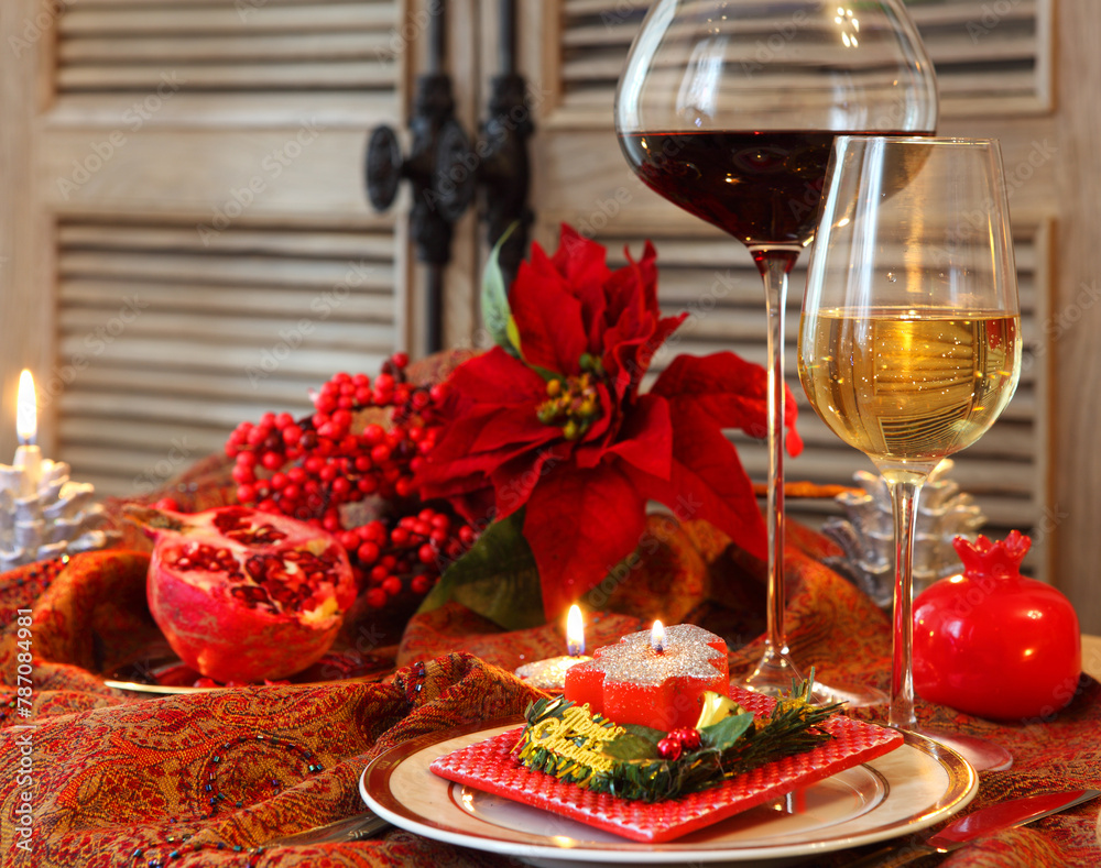 Christmas still life with white and red wine