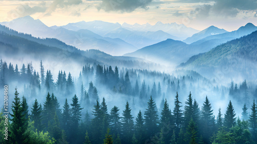 Landscape of mountains and pine forest with mist and f © Anas