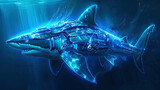 An electrifying digital illustration of a cybernetic shark, glowing in the depths of a dark sea with futuristic elements.