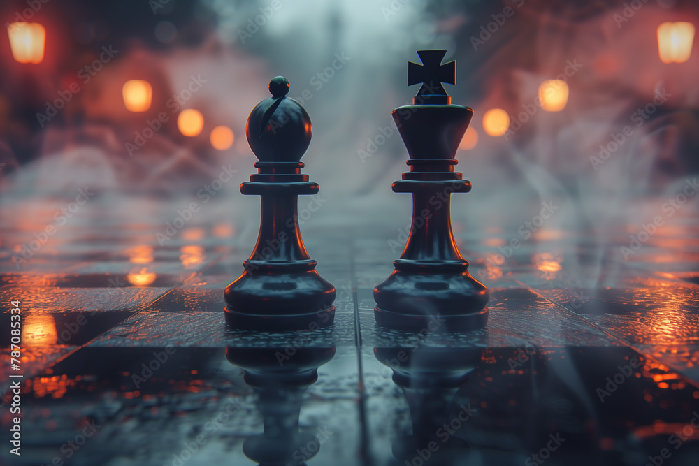  Chess pawns illustration 3d render red background - obrazy, fototapety, plakaty 