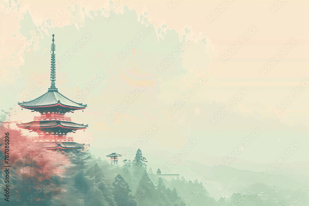 Misty scene with a red pagoda amidst trees and a soft pastel background Misty scene with a red pagoda amidst trees and a soft pastel background