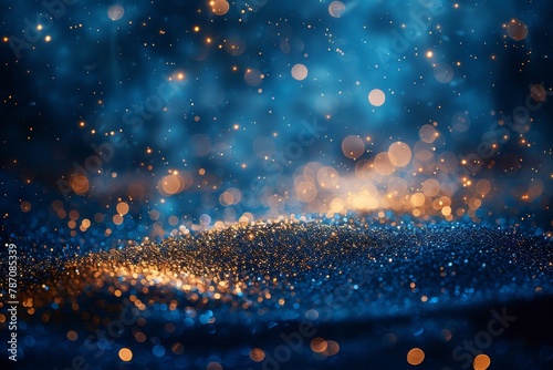 Abstract luxury image showing a deep blue background with sparkling gold particles giving a celebratory feel