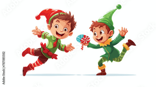 Jumping Christmas elf isolated with sweets in a green