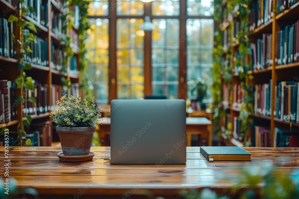 A sleek laptop sits on a wood table in a cozy library setting with warm lighting