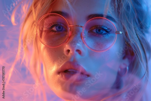 A young woman's portrait with a serious expression, illuminated by dramatic neon lighting that creates an intense atmosphere
