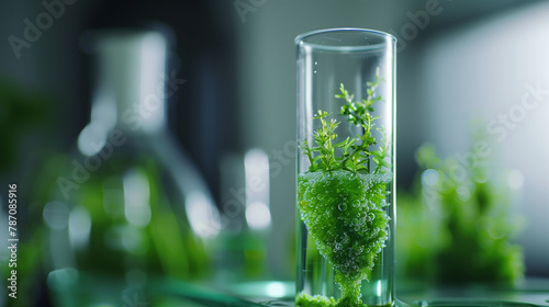 A glass container with a plant inside of it. The plant is surrounded by other plants and a few other glass containers. Concept of growth and life, as the plants are thriving in their environment