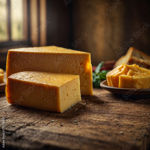 Traditional natural cheddar cheese. Aged Kashar cheese matured through traditional methods. Product and brand placement can be done on the visual. photo