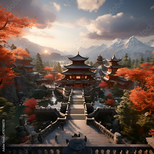 Autumn landscape with temples in the mountains. 3d render photo