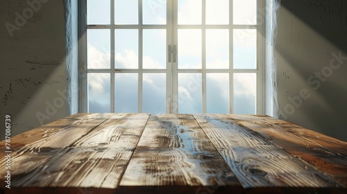 Wooden table top with nothing on it against a backdrop of a window