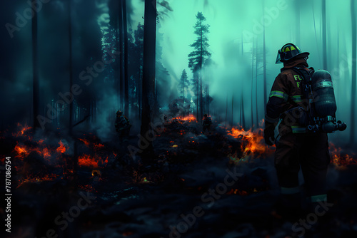 Illustration of firefighters extinguishing a forest fire.