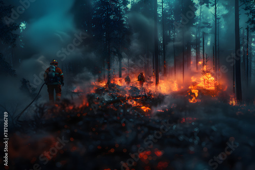 Illustration of firefighters extinguishing a forest fire.