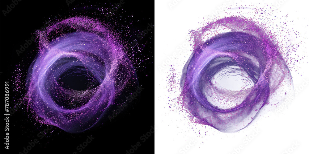 purple abstract circle particle effect, ring with swirling particles visual effect layer overlay isolated black and transparent PNG background