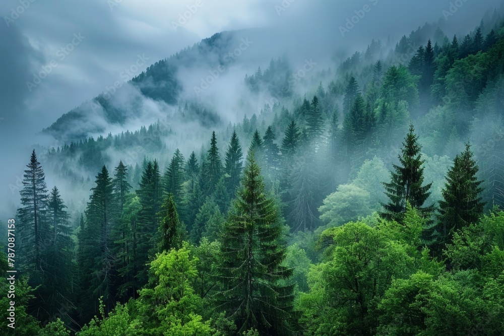 Misty mountain forest, ideal for active hiking adventures and outdoor exploration.