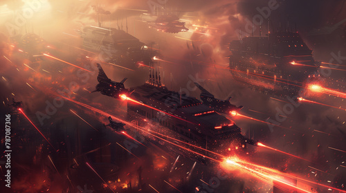 Futuristic cityscape, spaceships hover amidst skyscrapers, illuminated by red lights under a hazy sky, suggesting a dystopian future