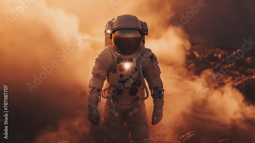 Silhouette of the Astronaut Standing on the Rocky Mountain of the Alien Red Planet Mars. First Manned Mission on Mars. Space Exploration, Colonization