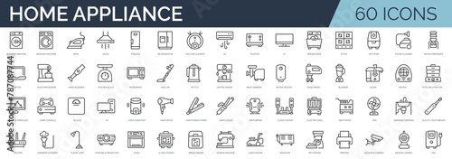 Set of 60 outline icons related to home appliance. Linear icon collection. Editable stroke. Vector illustration