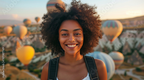 Happy Smiling Cute African American woman traveling in Cappadocia, Turkey on sunrise. Generated AI