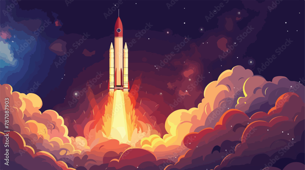 Launching rockets with fiery clouds at night flat Vector