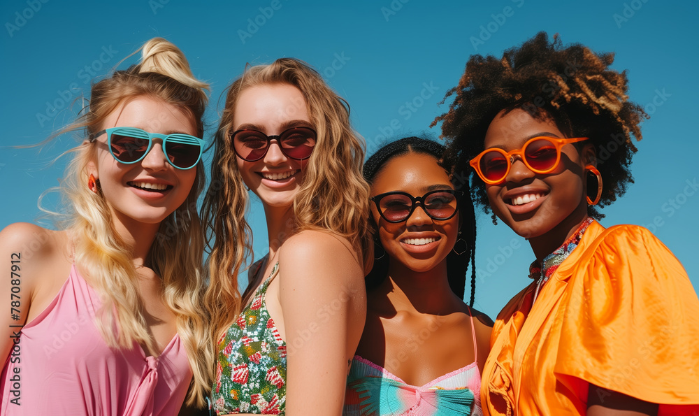 Group of happy young women on blue background. Four sexy girls playing against blue sky background Group of happy young women on blue background. Four sexy girls playing against blue sky background