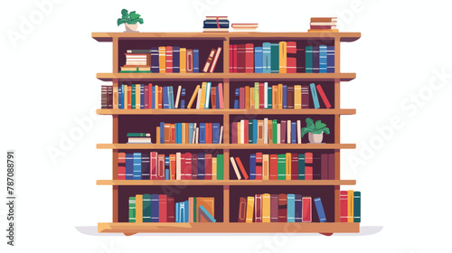 Library bookshelf with many books on it flat vector illustration