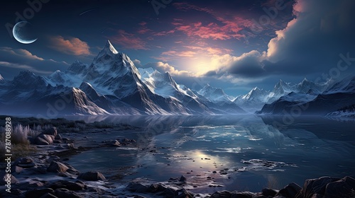 A fantastical illustration of majestic snow-capped mountains overlooking a serene lake. Immerse yourself in the enchanting beauty of this fantasy landscape  Generative AI.