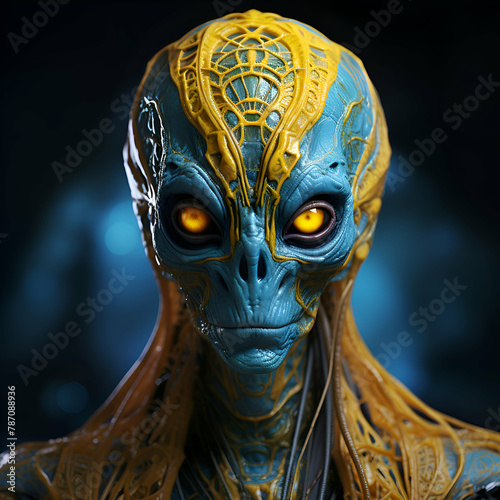3d rendering of a female alien with yellow eyes and blue skin photo
