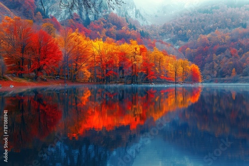 Serene autumn landscape with a tranquil lake reflecting vibrant  colorful foliage of surrounding trees  mist rising from water   s surface.