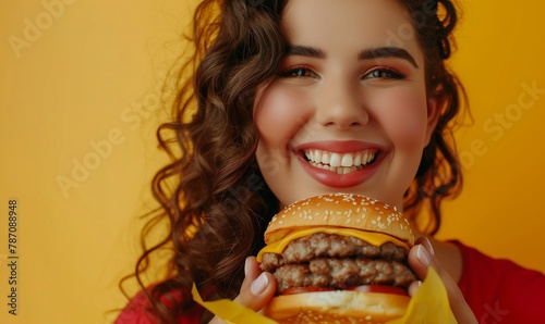 Beautiful plump woman smiling in red shirt holding burger on yellow background with copy space