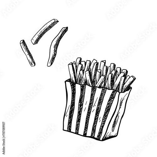 French fries in striped paper bag.  Fast food and junk food. Vector isolated illustration. Sketch style.
