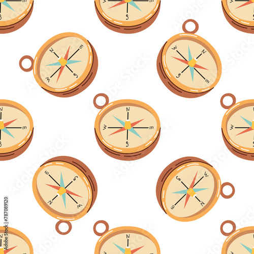 Cute hand drawn compass seamless pattern. Flat vector illustration isolated on white background. Doodle drawing.
