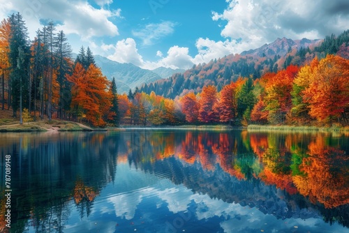 A serene autumn landscape with a crystal-clear lake reflecting vibrant  colorful foliage of surrounding trees  under a cloudy sky with majestic mountains in the backdrop.