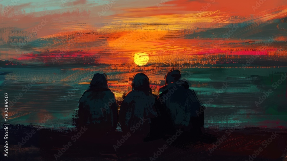 canvas painting of people looking at the sunset