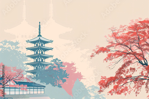 Artistic rendering of pagoda and building with cherry trees