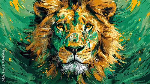 Closeup of a colorful lion head with piercing gaze. Digital illustration. photo