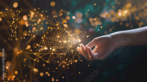 Abstract background of a hand reaching out to touch a bright light. Connecting points and lines technology for future cyber technology and network connectivity.