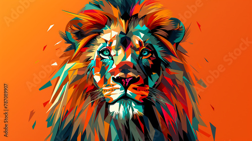 Closeup of a colorful lion head with piercing gaze. Digital illustration. photo